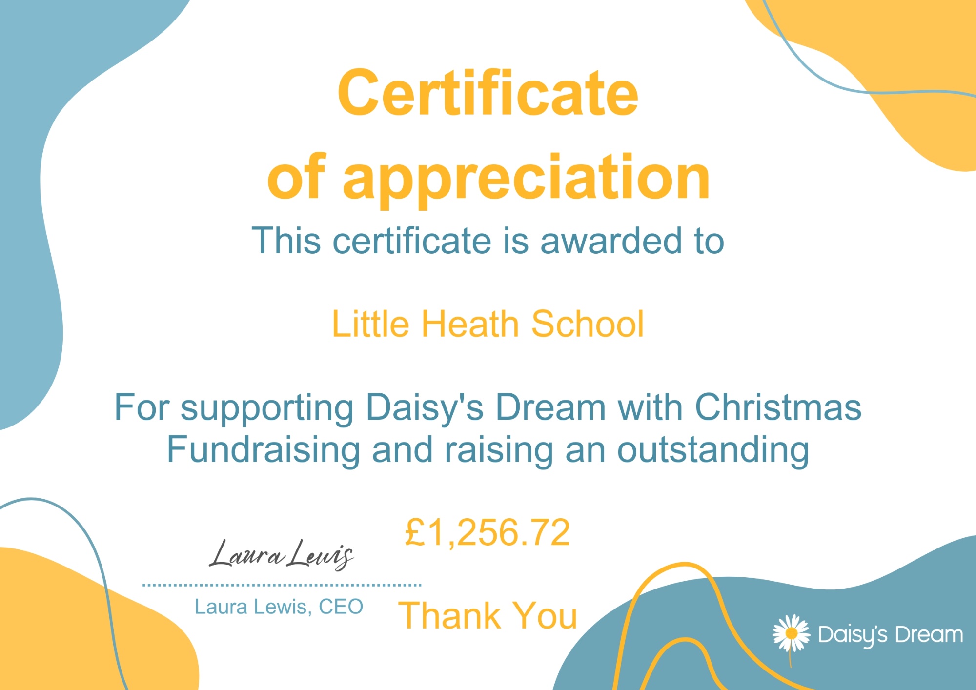 Fundraising certificate from Daisy's Dream Fundraising certificate from Daisy's Dream