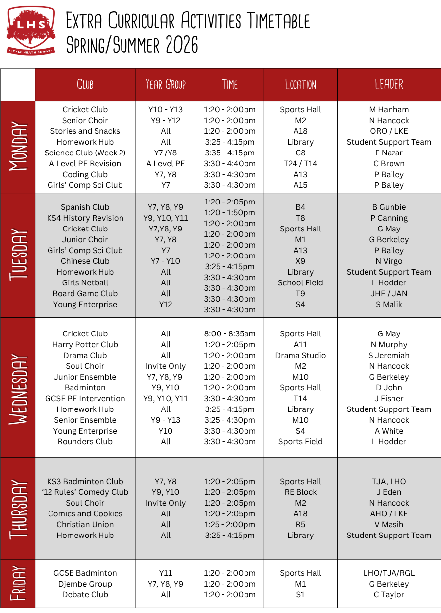 Spring/Summer Extra Curricular Timeable 2026 Spring/Summer Extra Curricular Timeable 2026