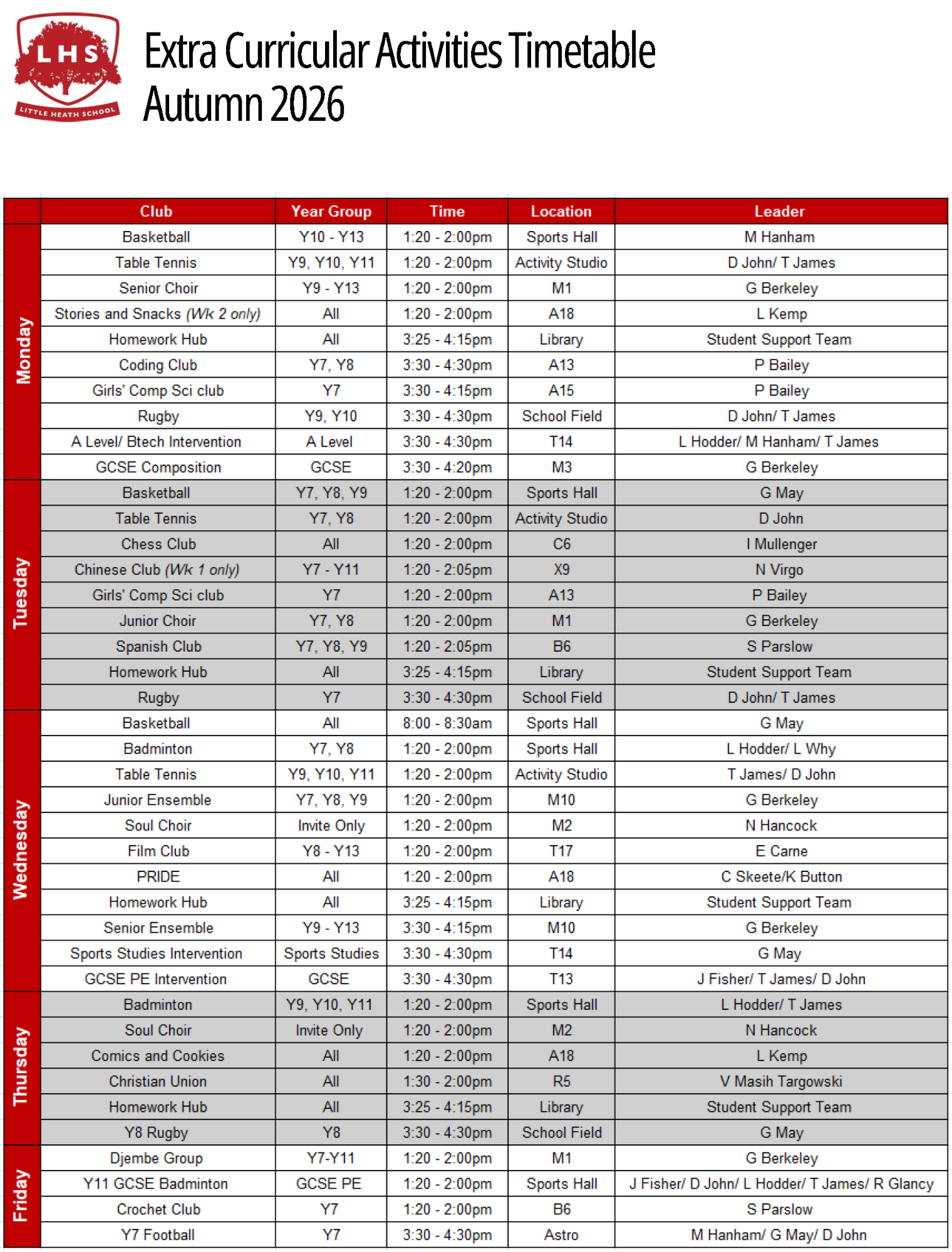 Extra Curricular Timetable Autumn 2026 Extra Curricular Timetable Autumn 2026