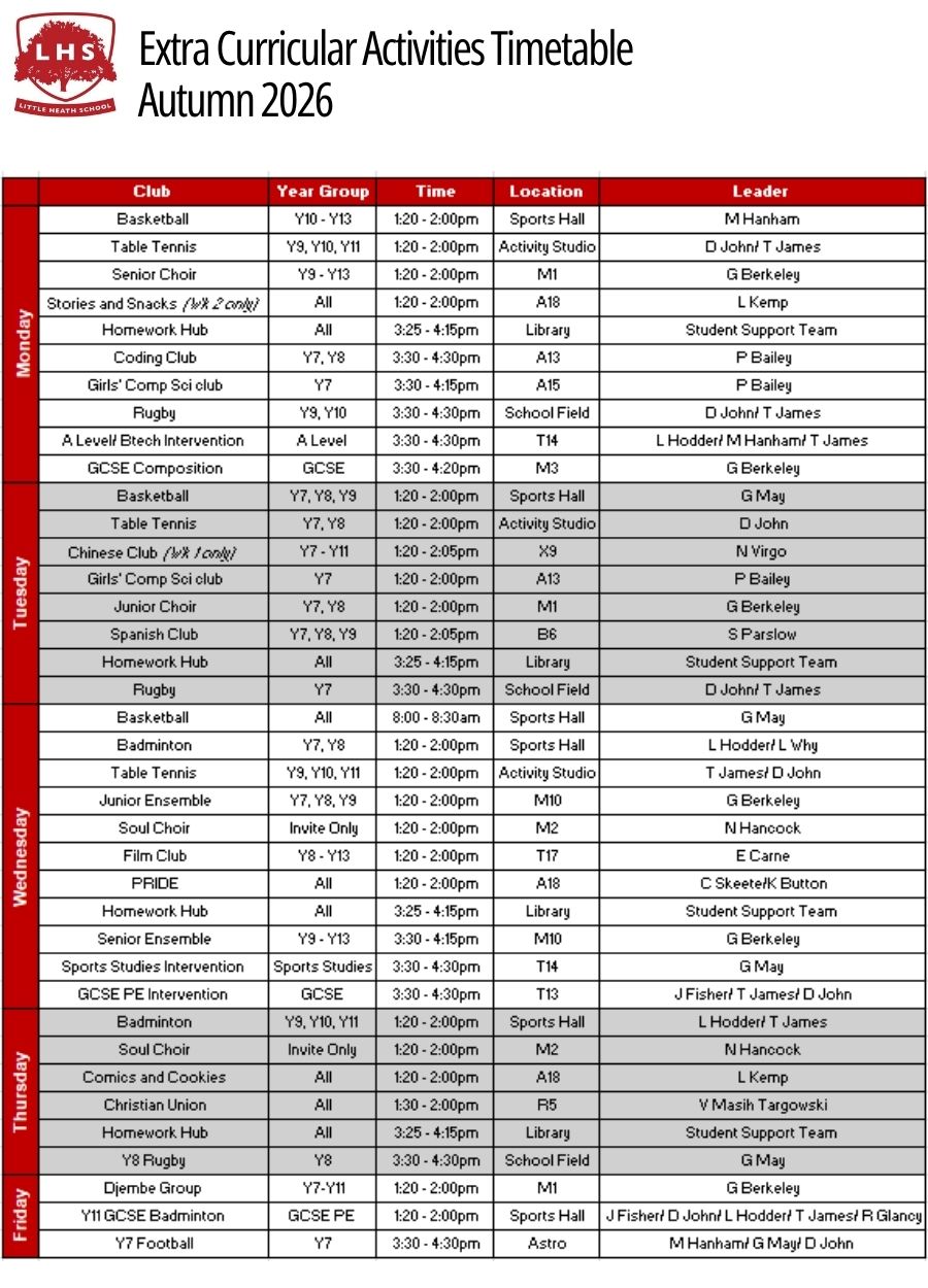 Extra Curricular Timetable Autumn 2026 Extra Curricular Timetable Autumn 2026